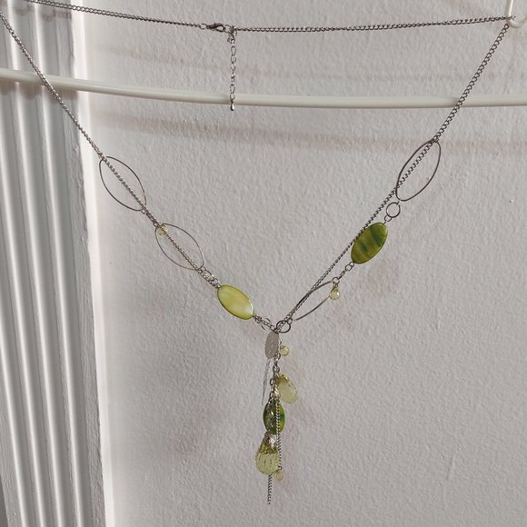 Long Slip On Green Color Green Beads Silver Necklace Chains - Picture 2 of 8